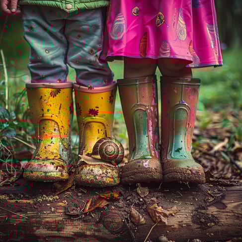 Kinderfüsse in Gummistiefeln sind zu sehen, das Kind steht auf einem Baumstam neben den Füssen ist eine grosse Schnecke
