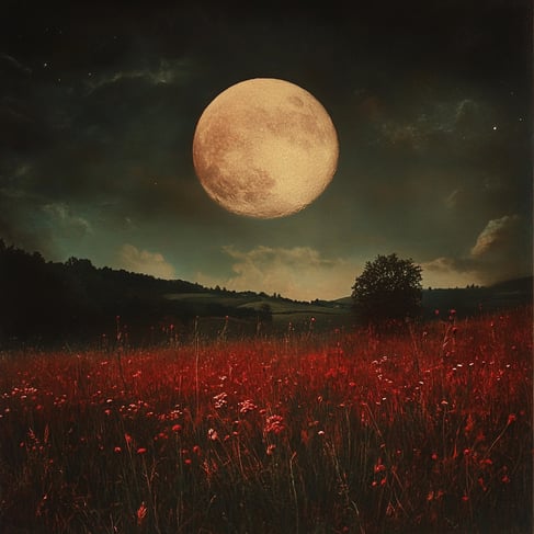 Vollmond über einem roten Blumenfeld, dunkler Himmel, Fotografie im Vintage-Stil, hyperrealistisch