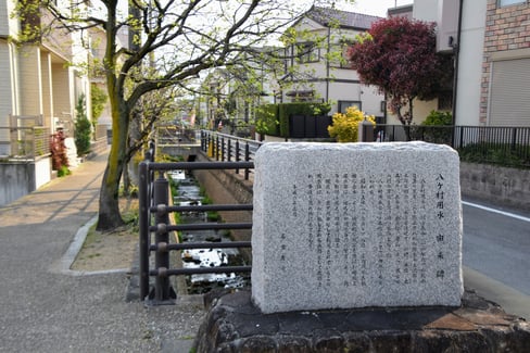 八ヶ村用水の直上にある由来碑