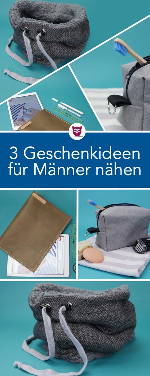 Nähanleitung: 3 einfache und schnelle Geschenkideen für Männer nähen – Snood / Loopschal, Kosmetiktasche mit kostenlosem Schnittmuster und Tablethülle aus Leder nähen | Anleitung von DIY Eule