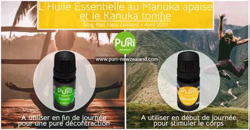 L'huile essentielle au Manuka apaise en fin de journée et le Kanuka tonifie en début de journée, deux flacons avec une femme un méditation en arrière plan et une femme sportive sautant sous fond de montagne