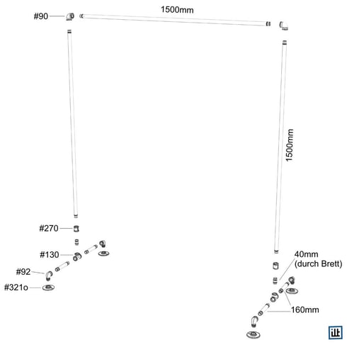 Explosionszeichnung zum Bauplan für Industrial Kleiderständer Kleiderstange aus Rohren und Temperguss