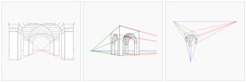 Einpunkt- / Zweipunkt- / Dreipunkt-Perspektive (wikipedia, Guillaume Godet-Bar, from Wolfram Gothe)