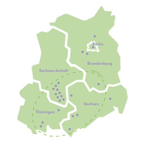 Karte von Sachsen-Anhalt, Sachsen, Thüringen und Brandenburg mit den 18 RUBIO-Partnern.