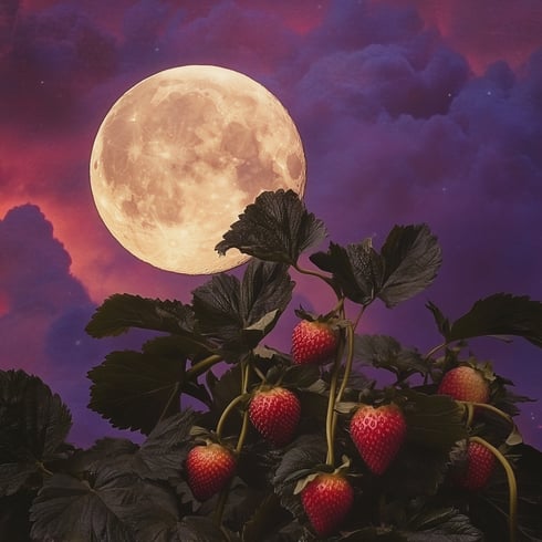 Fotografie von Erdbeeren, die auf Weinreben mit Blättern wachsen, der Hintergrund ist ein Vollmond am Himmel mit violetten und rosa Wolken, surreale und hyperrealistische Fotografie.