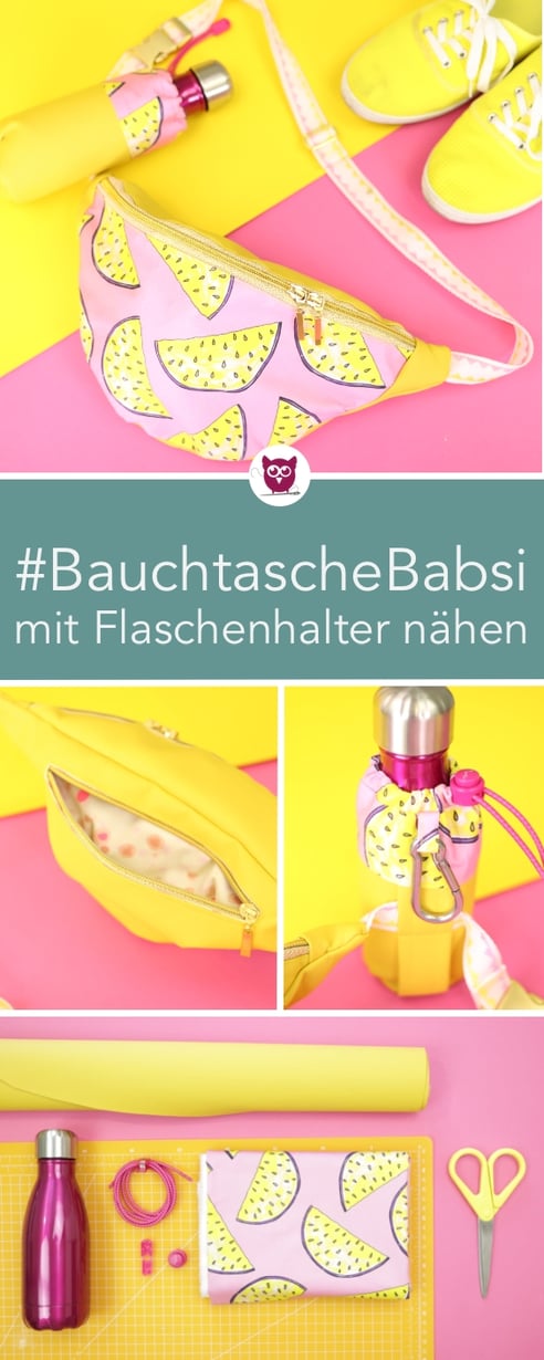 [Eigenwerbung] Bauchtasche nähen: #BauchtascheBabsi mit Reißverschlussfach und Flaschenhalter nähen. Schnittmuster aus dem #DIYeuleBuch – sommerliche Tasche einfach selber nähen mit Kunstleder. Anleitung und Video von DIY Eule.