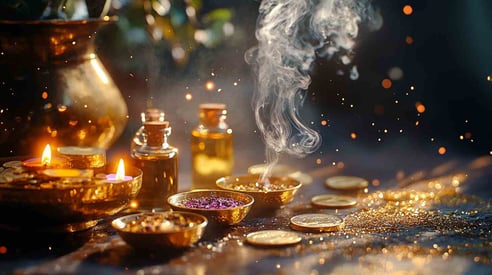 Ein Foto von Goldmünzen, Weihrauch und verschiedenen Ölflaschen auf dem Tisch, aus denen Rauch aufsteigt. Der Hintergrund ist dunkel, und die Szene ist filmisch beleuchtet. Im Vordergrund steht eine goldene, glänzende Schale voller verstreuter runder Gold