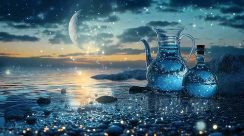 Zwei magische Wasserflaschen am nächtlichen Strand, umgeben von Mond und Sternen. Beide sind gefüllt mit klarem Wasser. Glitzernde Steine und ein Hauch von Fantasie