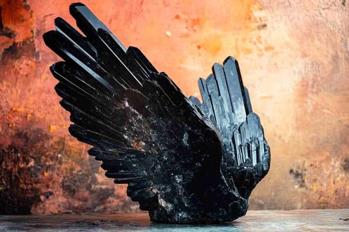 Schwarze Edelsteinskulptur aus Engelsflügeln mit rauer Textur. Produktfotografie