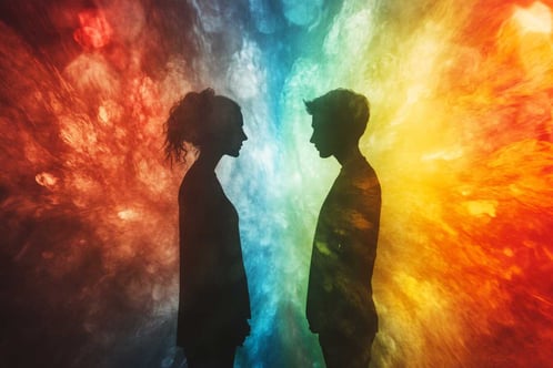 Silhouette eines Mannes und einer Frau, die sich gegenüberstehen, umgeben von buntem Rauch