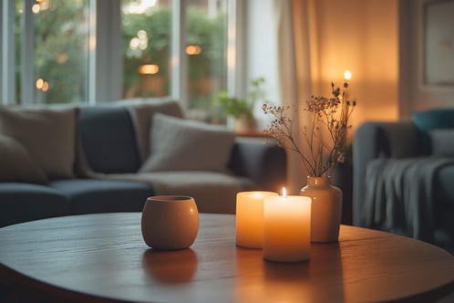Ein gemütliches Wohnzimmer mit sanfter Beleuchtung, Kerzen und bequemen Möbeln. Auf dem Couchtisch vor einem grauen Sofa steht eine kleine Keramikvase mit Blumen. Der Fokus liegt auf zwei brennenden, weißen Stumpenkerzen.