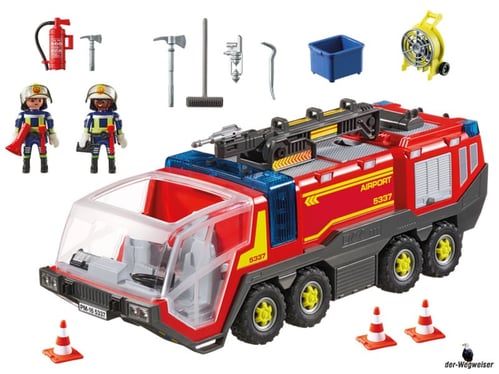 Im Paket Playmobil 5337 ist enthalten ein Feuerwehrfahrzeug, zwei Feuerwehrmänner, drei Pylonen, ein Feuerlöscher, zwei Äxte, ein Ventilator, ein Eimer und ein Besen.