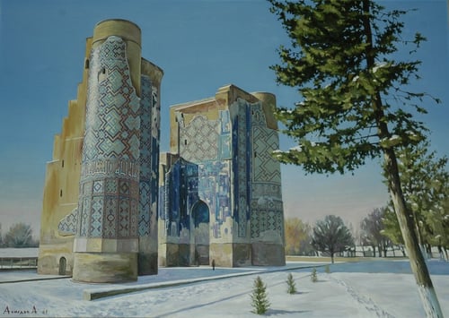 Portail de l'Ak Saray (Palais Blanc) vu du nord, en hiver. Peinture à l'huile d'Azizbek Akmedov, 2007.
