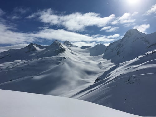 Blick zurück: Gross Leckihorn (Mitte) mit unseren Abfahrtsspuren auf dem Muttengletscher.