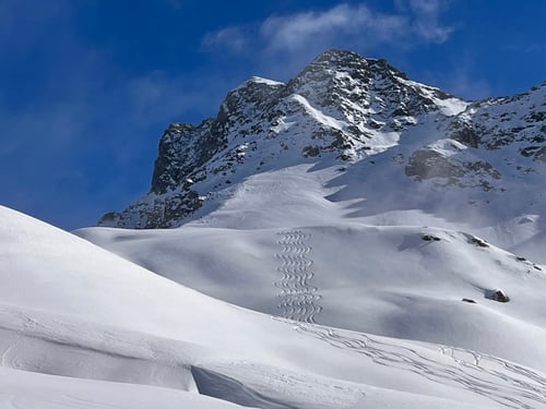 2022/02: Herrliche Abfahrtsspuren vor dem Piz Martadell. Bald werden unsere hinzukommen (CH/GR)