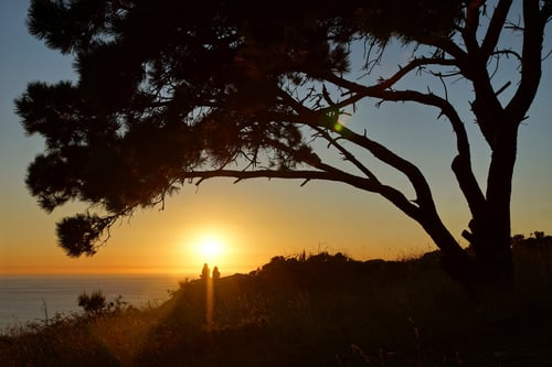 Zahlreiche Pilger erleben gemeinsam den makellosen Sonnenuntergang am Kap.
