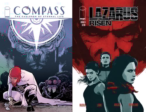 COMPASS #3 cover by Justin Greenwood, Brad Simpson, and Eric Trautmann; LAZARUS RISEN #6 cover by Michael Lark and Trautmann.