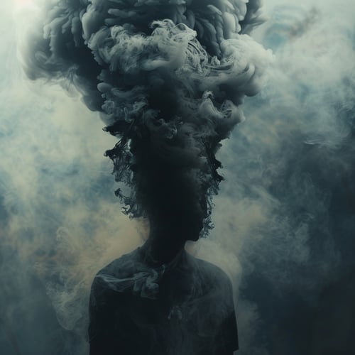 Bild des schwarzen Rauchs, der über einer Silhouette einer Frau aufsteigt ihr Gesicht zudeckt, im Stil des surrealistischen Fantastischen, gedämpfter Töne, Surrealismus, ätherischer Skulpturen, Magewave, kraftvoller und emotionaler Porträts