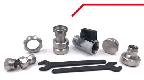 Stainless steel ball valve, quick coupling, reductions, tools