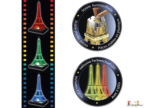 Die Besonderheit im Ravensburger 12556 Puzzle Paket ist, dass Sie einen mit knickbaren Kunststoffteilen Eiffelturm in 3D erstellen können.