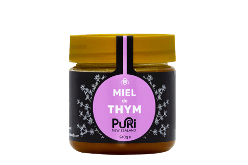 Photo d'un pot de Miel de Thym de 240g de Nouvelle-Zélande vendu par Puri New Zealand les spécialistes des Miels de Nouvelle-Zélande
