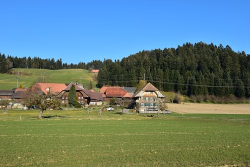 Bild von Ebnit Zollbrück Westansicht mit Bauernhaus mit Stöckli und viel Ackerfläche