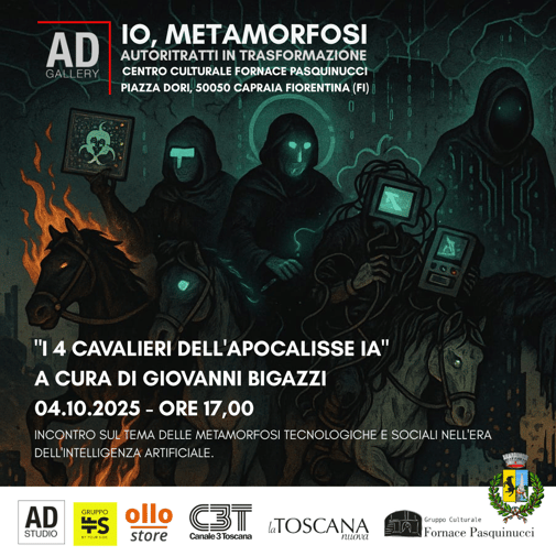 'I 4 Cavalieri dell'Apocalisse IA' - Conferenza di Giovanni Bigazzi sulle metamorfosi tecnologiche nell'arte. 4 ottobre ore 17:00, AD Gallery. Come l'intelligenza artificiale sta trasformando la creatività.