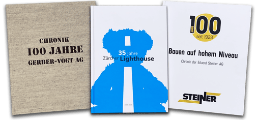 Softcover-A4-Bücher zum 50-Jahr-Jubiläum von ECOPOP, grosse Layflat-Hardcover-Bücher anlässlich des hundertjährigen Bestehens von LGG und Sprenger Söhne