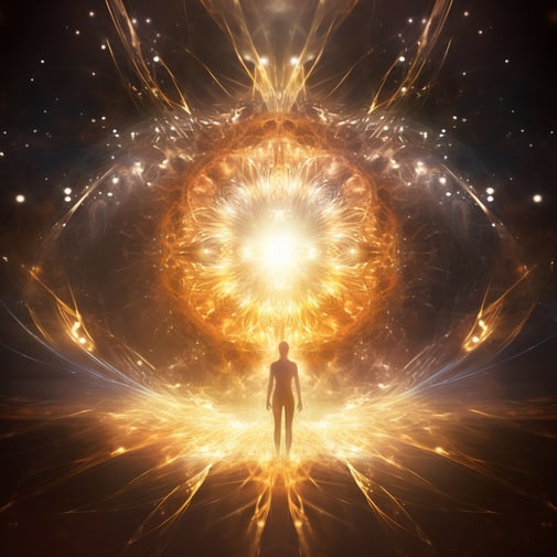 Eine Person steht vor einem Licht in form eines Auges in einem wunderschönen Raum, im Stil der kosmischen Symbolik, helles Gold und Bernstein, fotorealistisches Auge, energiegeladener Ausdruck, weitläufige, spektakuläre Kulissen, wandernder Blick