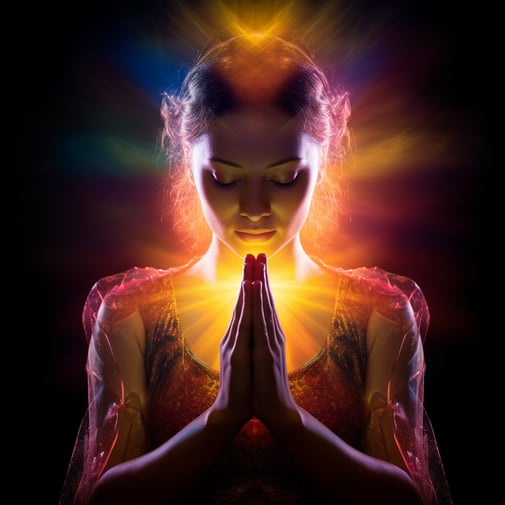 Meditierende Frau mit buntem Licht im Gesicht, im Stil religiöser Symbolik, dunkles Purpur und Gelb, Gottesstrahlen, realistische Darstellungen menschlicher Formen, glasige Durchsichtigkeit, fließende Gesten, Geduld eines Heiligen