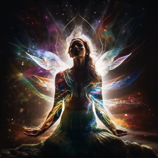 Farbige Frau mit Engelsflügeln in Yoga-Pose mit Lichtern um sie herum, im Stil des farbenfrohen Fantasy-Realismus, 8K-Auflösung, intuitive Gesten, polierte Metamorphose, glitzernd