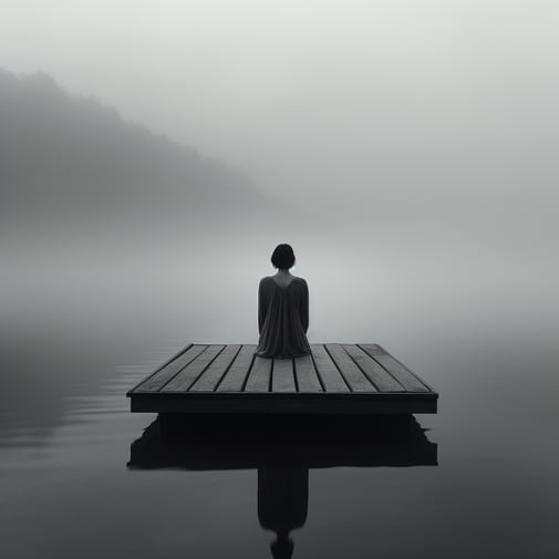 Eine Frau, die auf einem Steg sitzt und unter Nebel auf das Wasser blickt, im Stil des Zen-Buddhismus-Einflusses, dunkles Silber und Grau, dargestellte gefangene Emotionen, minimalistische Sensibilität, beunruhigende Schönheit