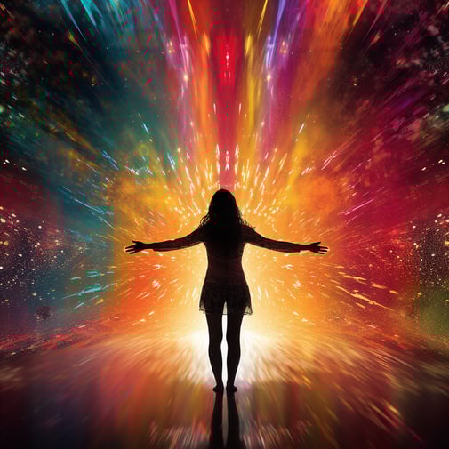 ein Mensch mit offenen Armen in einem energetischen Wirbelsturm aus Farbe und Licht, im Stil spiritueller Meditationen, spektakuläre Kulissen, darauf scheinen Sonnenstrahlen, sinnliche Erfahrung, unbeschwert, emotionale Resonanz, voller Körper 