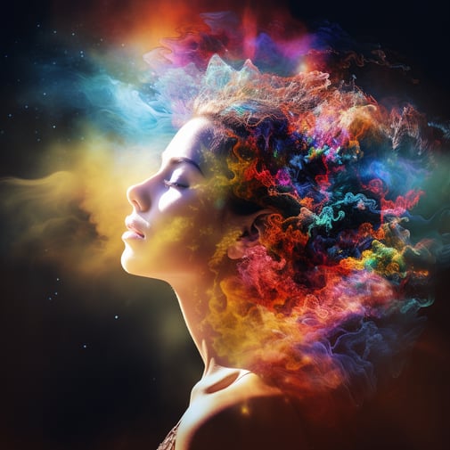 Das Gesicht einer jungen Frau zeigt wolkigen und farbenfrohen Rauch, im Stil der kosmischen Symbolik, Illustrationen psychologischer Phänomene, Rotverschiebung, mischt realistische und fantastische Elemente, dynamischer Energiefluss, Präzisionseinfluss