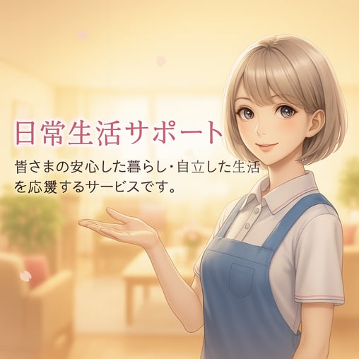 日常生活サポート　金銭管理のお手伝い ・銀行での払い戻し手続きの補助 ・公共料金等のお支払い補助  2. 各種手続きのサポート ・福祉サービスの利用申請 ・行政機関への届出補助  3. 日常生活に関するご相談対応  4. その他、自立した生活に役立つ支援