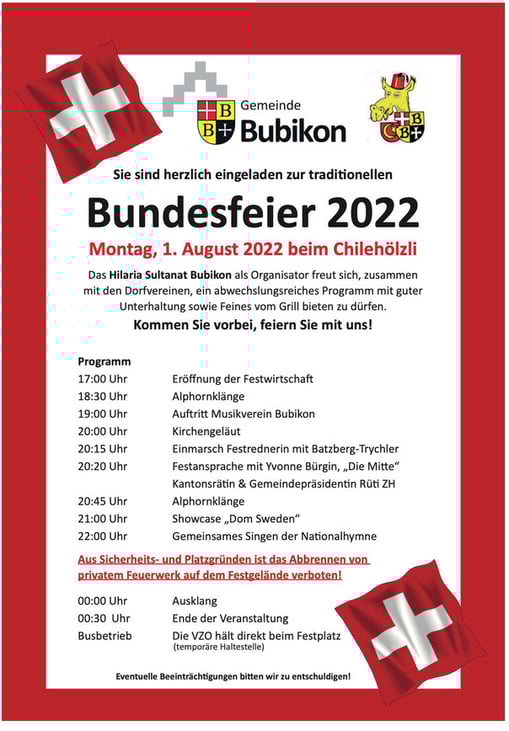 Der am Montag über die Website der Gemeinde Bubikon publizierte Flyer zur Bundesfeier 2022.