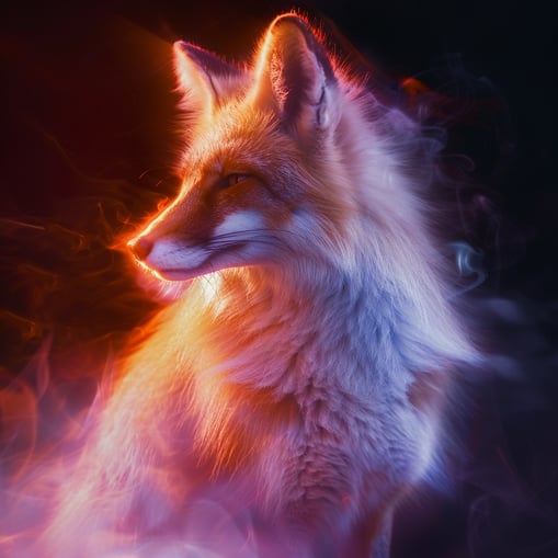 Portrait eines Fuchses der nach links schaut, er strahlt in einem rosaroten-orangen licht, er ist vor einem schwarzen Hintergrund, es sind weisse Licht effekte um ihn herum