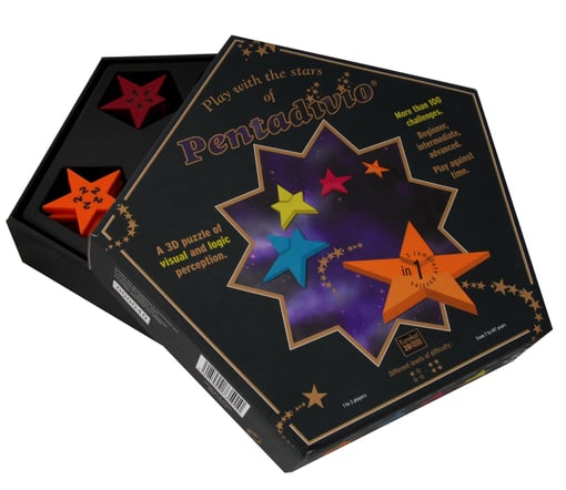 Pentadivio pour Patrick Timmermans: un puzzle casse-tête. Injection et marquage des pièces. Boîte pentagonale pliante, calage thermoformé et étoile pour contenir le puzzle.