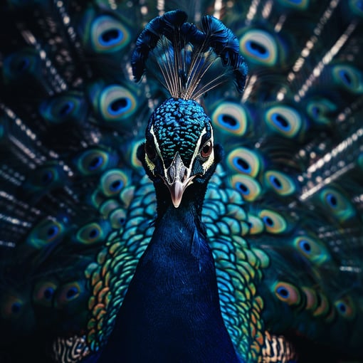 Nahaufnahme eines bunten Pfaus mit ausgebreiteten Federn der gerade in die Kamera schaut, intensive Schatten, kräftige Blautöne