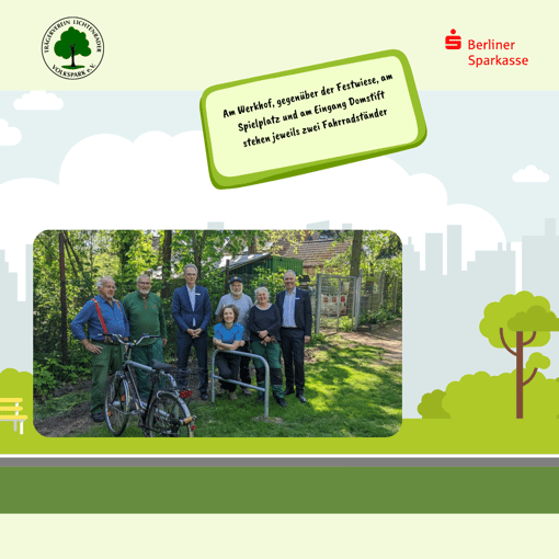 Die freundlichen Herren von der Filiale der Berliner Sparkasse und zwei Freiwillige des Trägervereins Lichtenrader Volkspark e.V.