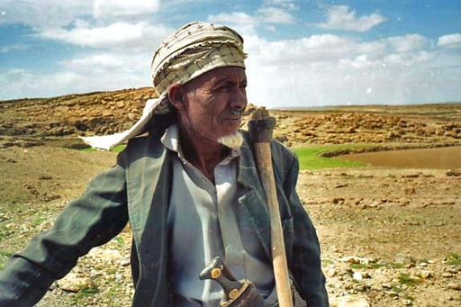 mit umgehängter Feld-Harke unterwegs zur Parzelle