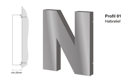Einzelbuchstaben im Profil 1 (unbeleuchtet, wahlweise mit oder ohne Unterteil)