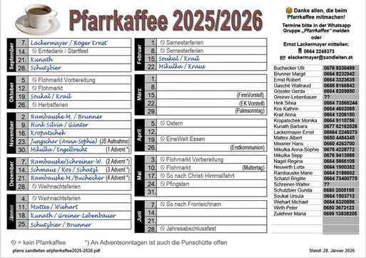Liste mit der Pfarrkaffee Diensteinteilung 2025/2026 (zum Herunterladen aufs Bild klicken)