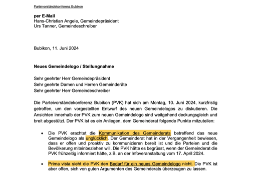 Auszug aus dem Schreiben der PVK vom 11. Juni 2024) (Screenshot buebikernews)