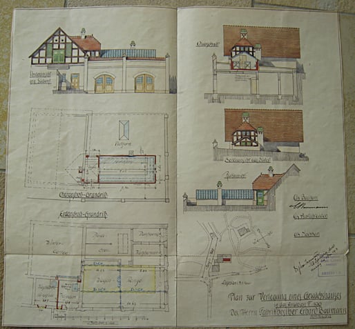 1913 Bauplan zum Anbau eines Wintergartens an das Nebengebäude