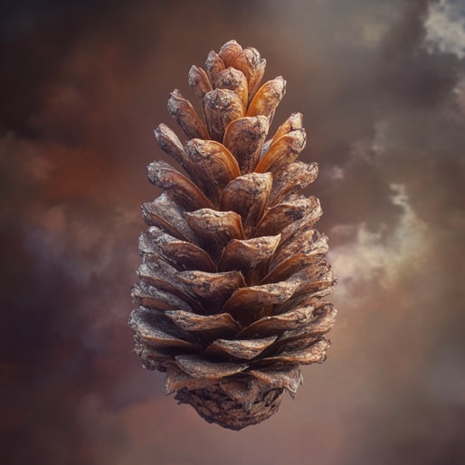 Ein in der Luft schwebender Tannenzapfen, gerendert mit fotorealistischen Details und Texturen. Der Hintergrund ist ein sanfter Farbverlauf aus Erdtönen, der die natürliche Schönheit unterstreicht.
