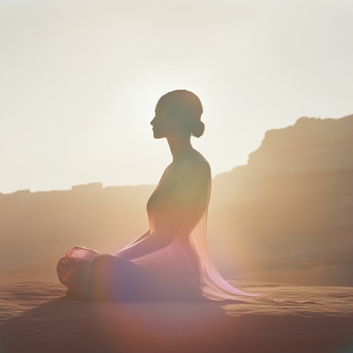 Eine schöne Frau, die in der Wüste meditiert, trägt ein hellrosa Kleid und ist von hinten mit einem Leuchteffekt beleuchtet. Die Silhouette ist auf einem ruhigen, hochauflösenden Foto zu sehen. Das Bild ist in sanften, hellen Gold- und Weißtönen gehalten 
