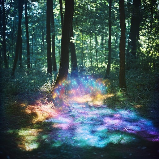 Ein Foto eines verzauberten Waldes mit Regenbogenlicht, das vom Boden ausgeht und alles darin erleuchtet, mit Pastellfarben, hyperrealistischem Stil, natürlichem Licht, Tiefenschärfe 