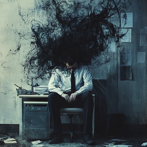 Ein Mann sitzt auf einem Bürostuhl, sein Kopf ist mit dunklen Rauchfäden bedeckt. Er trägt Geschäftskleidung, inklusive Krawatte. Der Raum um ihn herum ist mit verstreuten Papieren vollgestopft, was eine düstere Atmosphäre schafft.