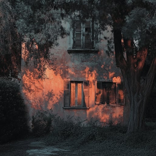 Ein Foto eines alten Hauses auf dem Land, mit dem Abendlicht, das durch das Fenster und die Bäume strömt. Das Bild ist hyperrealistisch, stimmungsvoll und unheimlich, mit filmischer und atmosphärischer Qualität. Das orangefarbene Licht an der Wand erzeugt